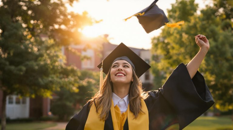 Graduate throwing her cap in the air