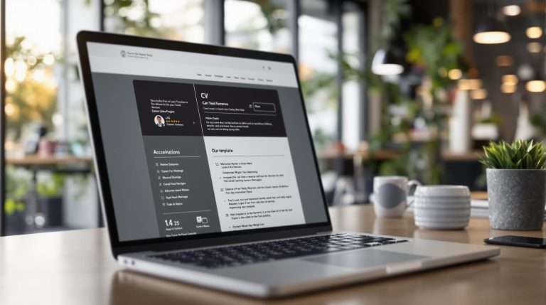 Laptop displaying a CV template on a wooden desk with office accessories.