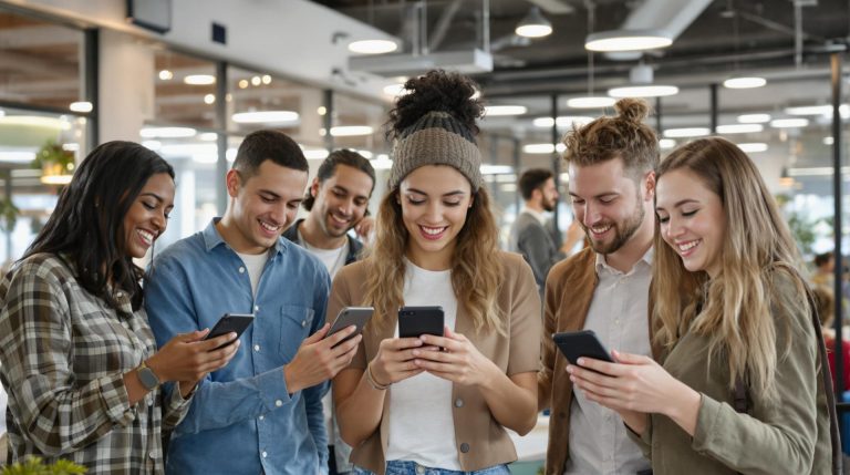 Group of young adults using smartphones.