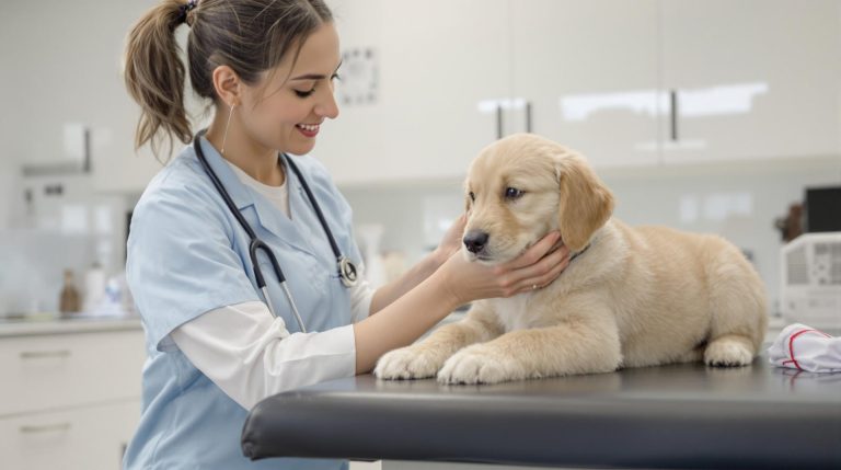 Veterinarian examining a golden retriever puppy