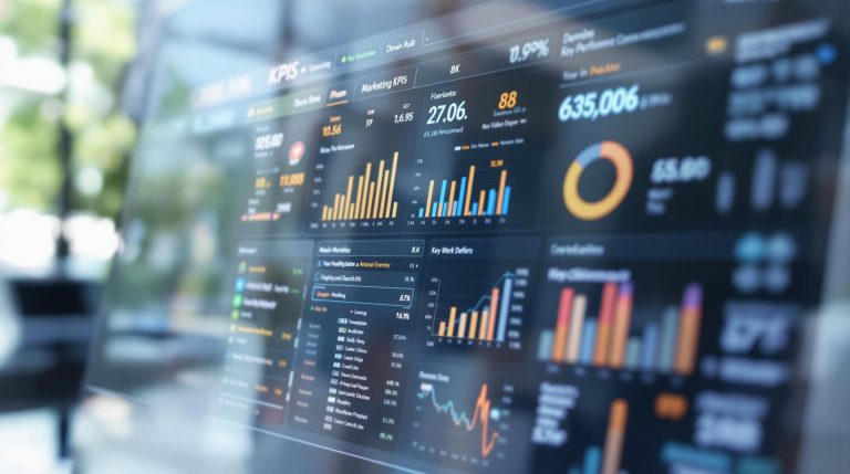 Dashboard with marketing KPIs and various data visualizations.