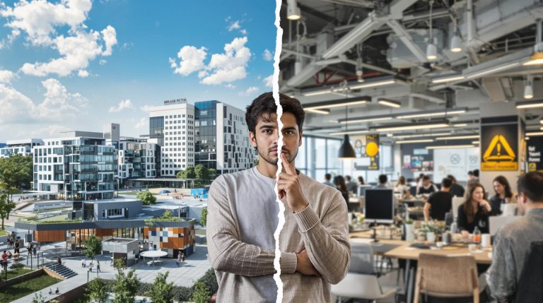 Concept: Work-life balance, man torn between office and outdoor life.
