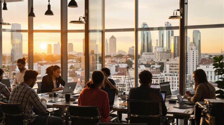 Team meeting with city skyline view at sunset