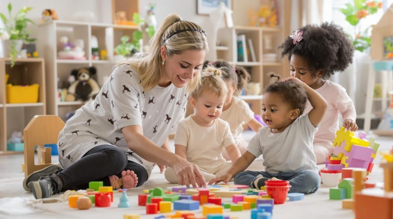 Educatrice avec des enfants jouant avec des blocs de construction