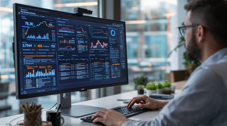 Man analyzing financial data on a computer screen.