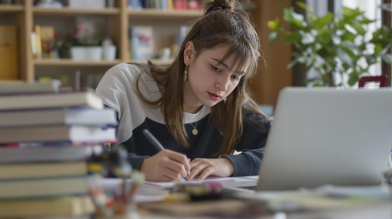 Young woman studying with laptop and books