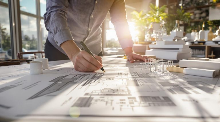 Architect drawing blueprints at desk.