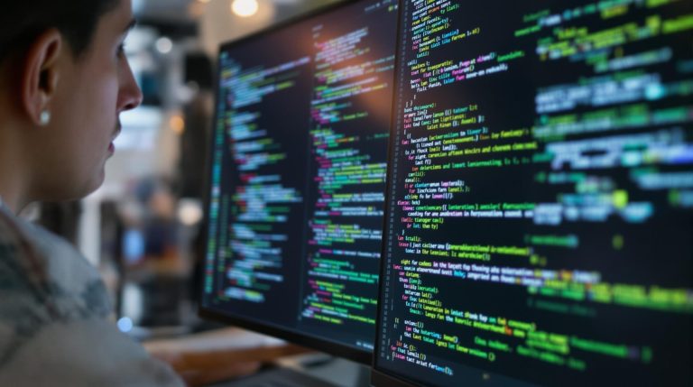 Programmer working with code on a computer screen.