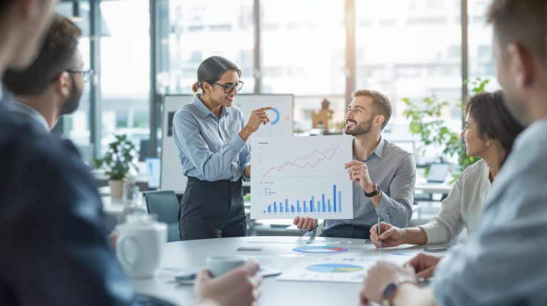 Business meeting with chart presentation.