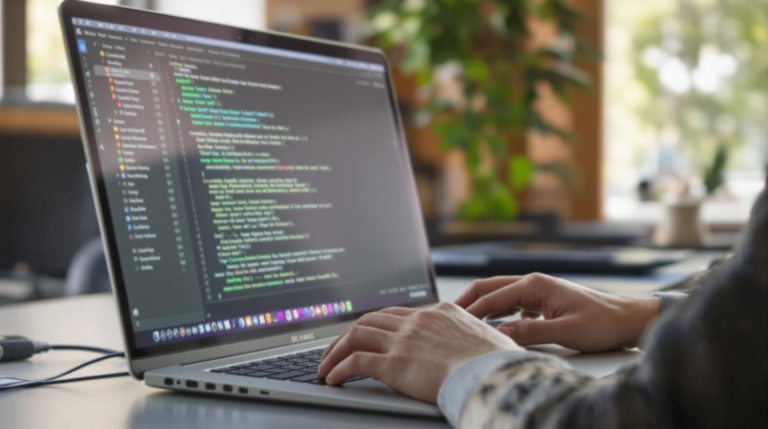 Person coding on a laptop.