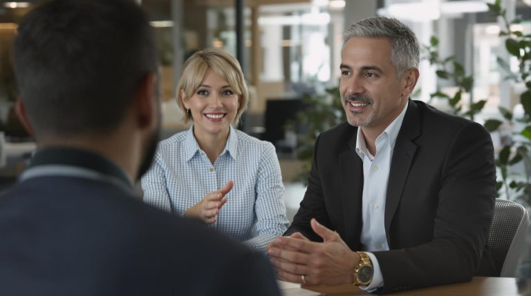 Business meeting with three people