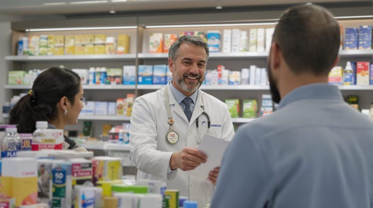 Pharmacist assisting customers in a pharmacy.