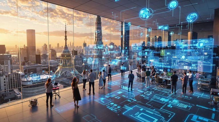 Futuristic office with city view and digital overlays.