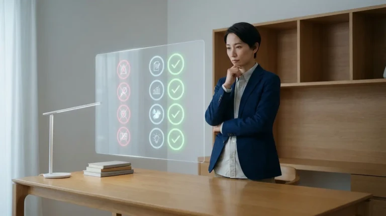 Femme devant un écran holographique avec checklist rouge/vert. Elle réfléchit aux meilleures pratiques pour des cours.