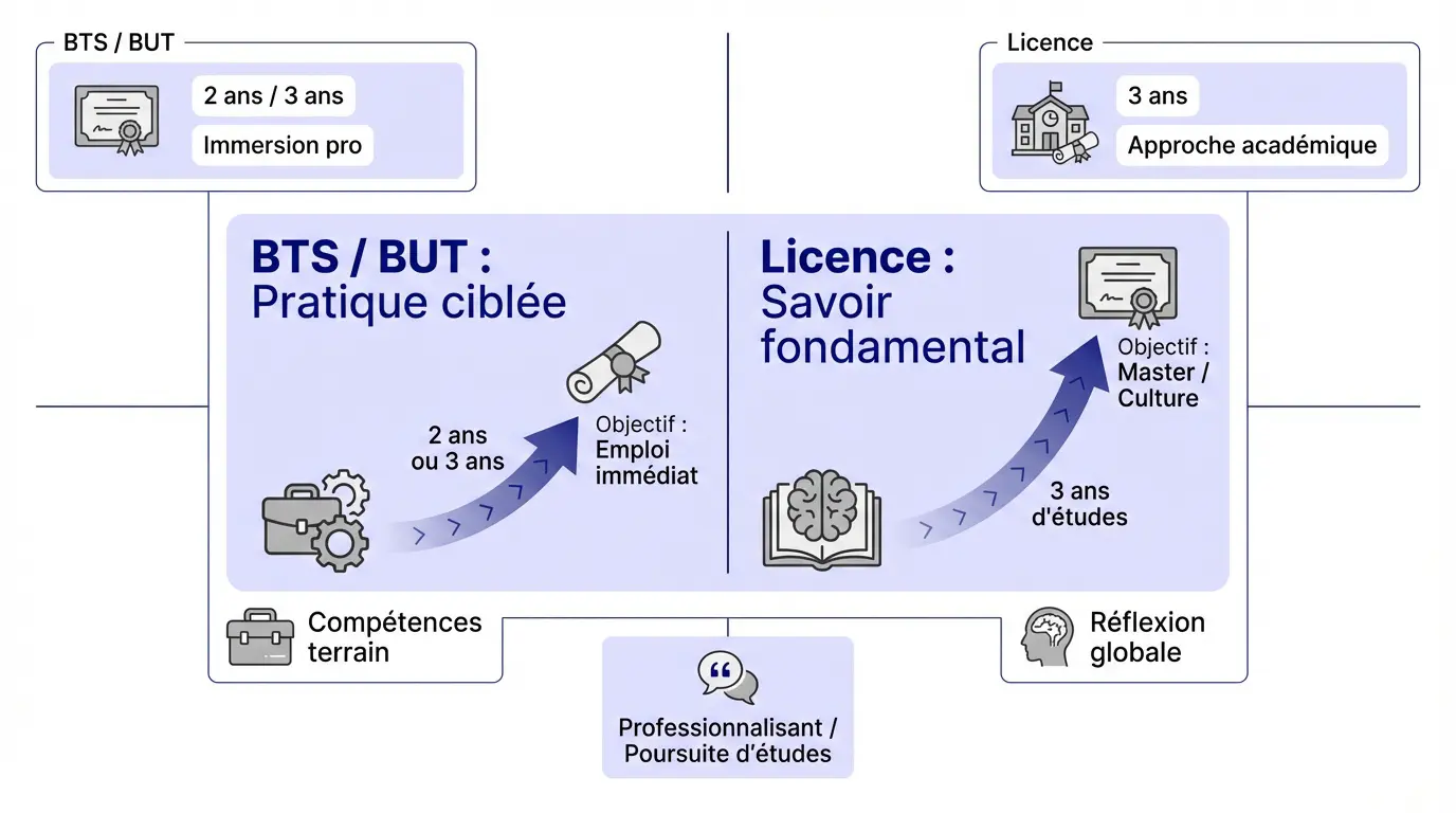 Comparaison entre les cursus BTS, BUT et licence universitaire pour l'orientation post-bac