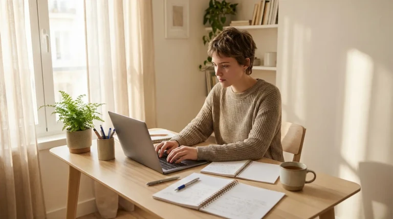 Jeune femme concentrée sur son ordinateur portable à un bureau en bois, entourée de carnets et d'une plante, dans une pièce lumineuse.