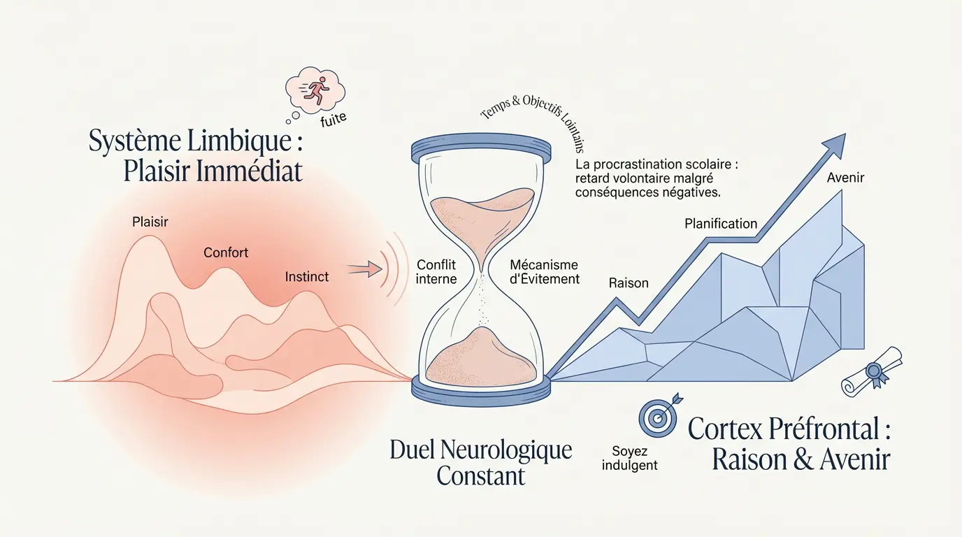 Schéma illustrant le combat entre le système limbique et le cortex préfrontal lors de la procrastination