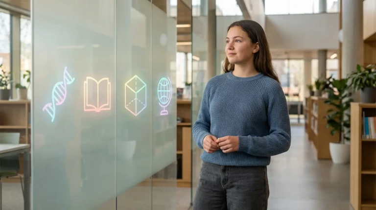 Jeune femme contemplative devant des icônes holographiques représentant des spécialités scolaires (ADN, livre, cube, globe).