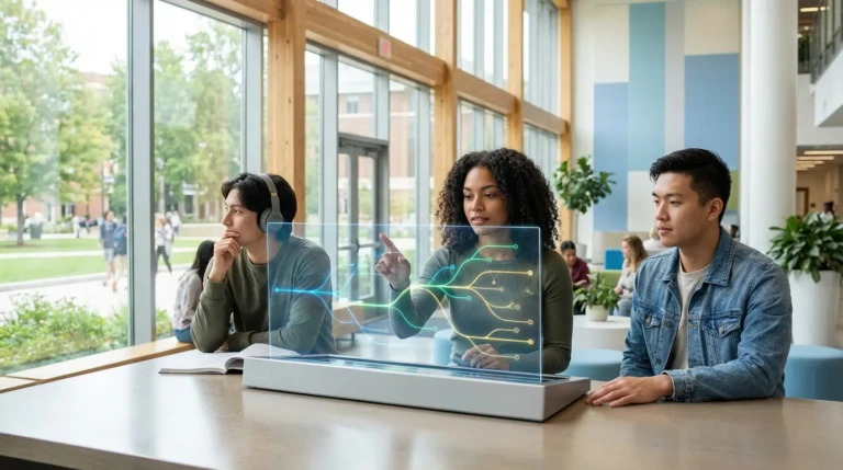 Étudiants dans un campus moderne. Une jeune femme interagit avec un écran transparent affichant des chemins de données. Deux jeunes hommes observent, pensifs.