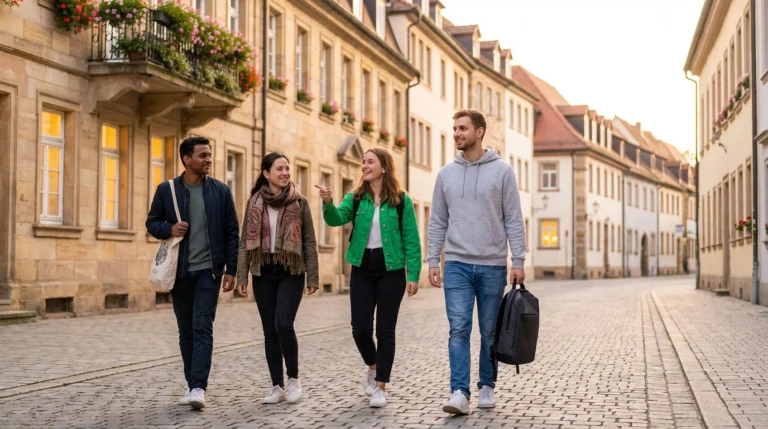Groupe de quatre étudiants souriants marchant sur une rue pavée bordée de bâtiments historiques. Une femme pointe du doigt.