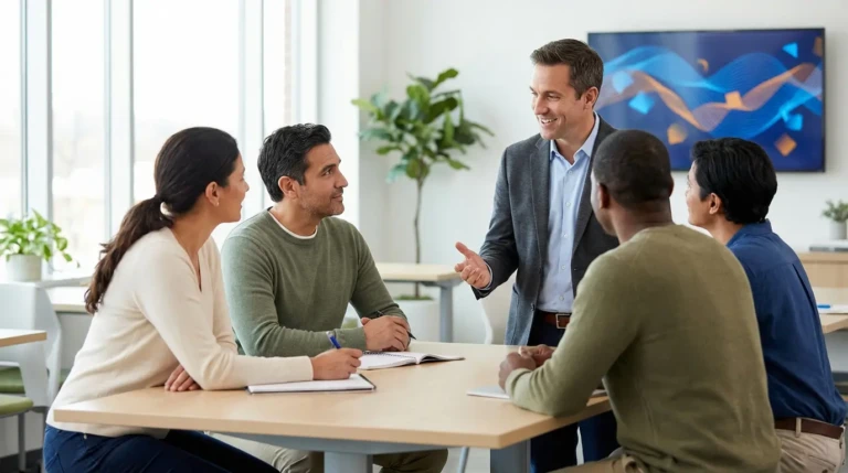 Un coach souriant s'adresse à quatre adultes attentifs lors d'une séance de formation en prise de parole en groupe.
