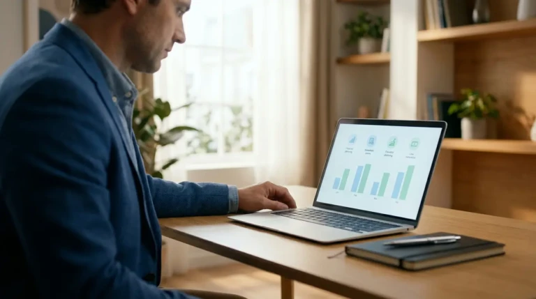Homme en veste bleue analysant des graphiques financiers sur un ordinateur portable. Il planifie ses tarifs de cours avec soin.