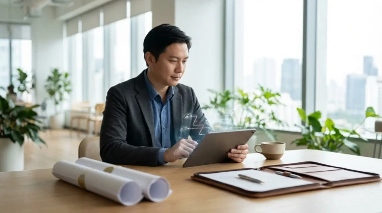 Un homme en blazer utilise une tablette affichant des icônes de données dans un bureau moderne et lumineux. Il visualise des options.