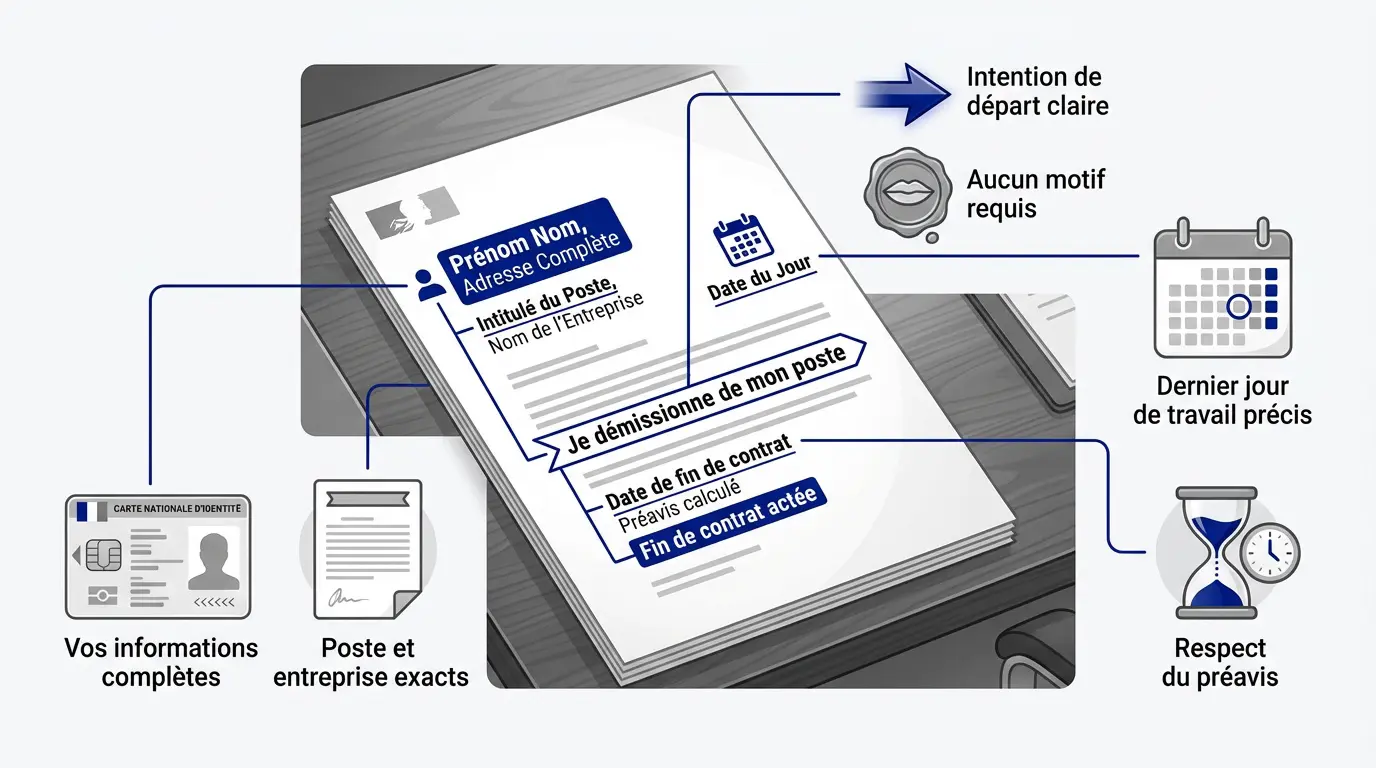 Infographie récapitulant les éléments indispensables pour rédiger une lettre de démission conforme