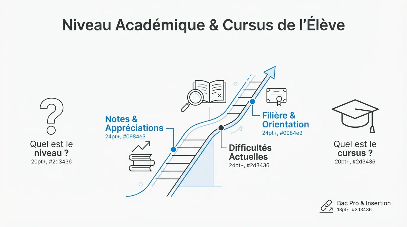Infographie détaillant les indicateurs de niveau académique et le suivi du cursus scolaire de l'élève