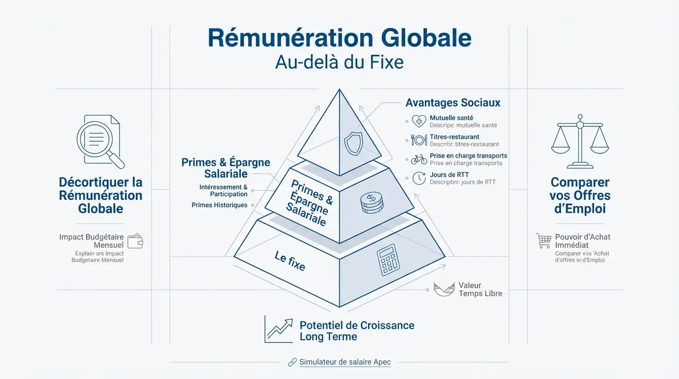 Infographie détaillant les composantes de la rémunération globale : fixe, variable et avantages sociaux