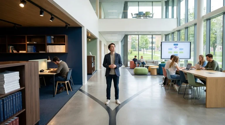 Jeune homme au centre d'un campus moderne, symbolisant un choix entre étude individuelle calme et travail de groupe dynamique.