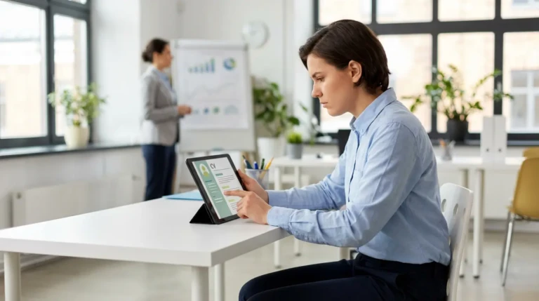 Une femme consulte un CV sur tablette dans un bureau moderne. Une autre femme anime une présentation en arrière-plan.