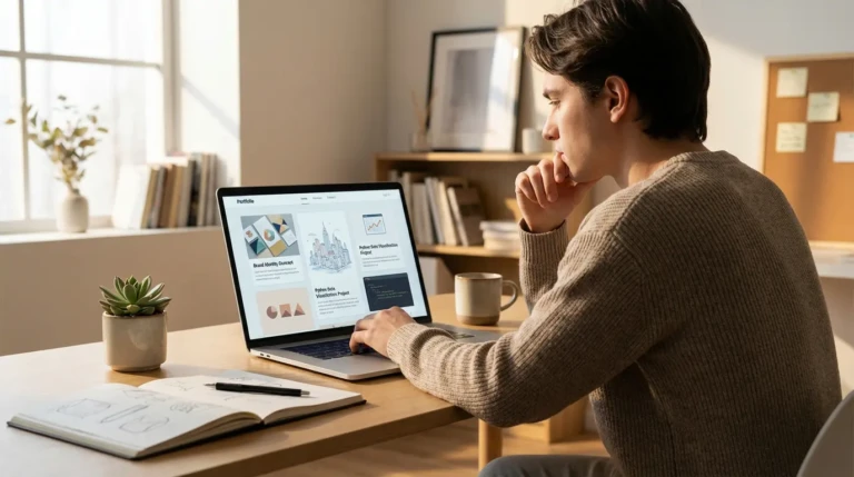 Jeune homme brun travaille sur un ordinateur portable affichant un portfolio. Un carnet de croquis et une plante sont sur la table.