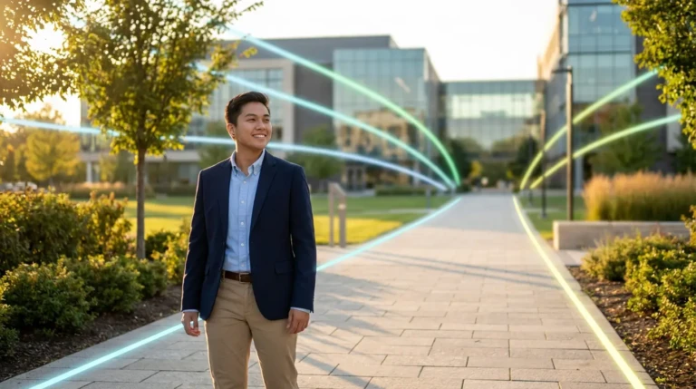 Jeune homme souriant sur un campus, entouré de lignes lumineuses symbolisant des voies d'orientation futures.