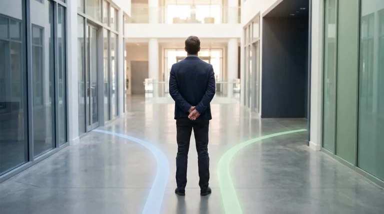 Un homme se tient au milieu d'un couloir lumineux avec deux flèches lumineuses (bleue et verte) au sol, représentant un choix.