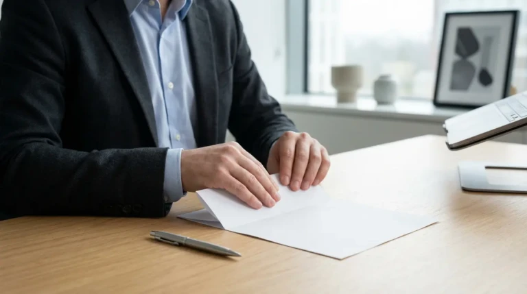 Gros plan sur les mains d'un homme en costume pliant une feuille de papier sur un bureau. Un stylo et un arrière-plan de bureau flou.
