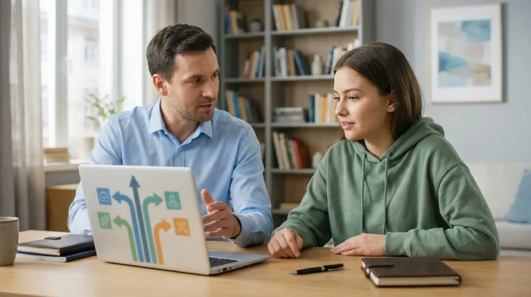 Un homme et une jeune femme discutent devant un ordinateur affichant des options de carrière. Scène de conseil en orientation scolaire.