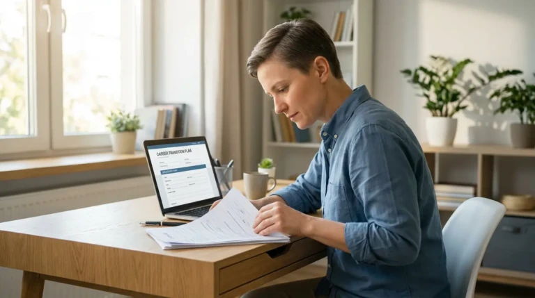 Femme concentrée préparant son dossier de Projet de Transition Professionnelle, avec des documents et un plan de carrière sur son laptop.