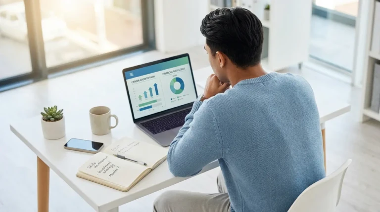 Un homme de dos consulte des graphiques de carrière et financiers sur un ordinateur portable, un carnet de notes ouvert sur son bureau.