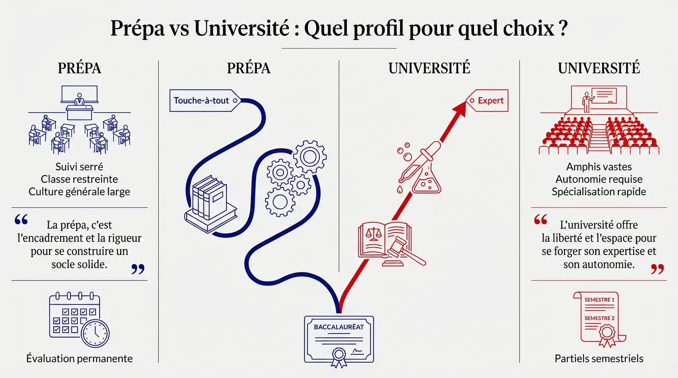 Étudiant hésitant entre le cadre de la prépa et l'autonomie de l'université