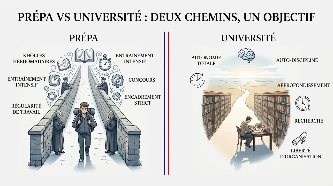 Comparaison visuelle entre l'amphithéâtre universitaire et une salle de classe de prépa