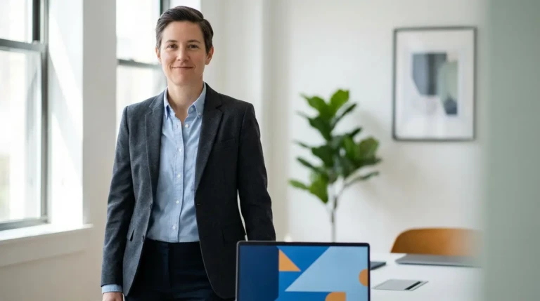 Femme d'affaires souriante aux cheveux courts, en blazer gris et chemise bleue, debout dans un bureau moderne avec fenêtre et ordinateur.
