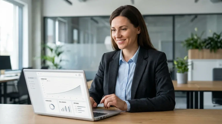 Une femme souriante en tailleur, regardant attentivement son ordinateur portable affichant des graphiques de croissance de carrière.