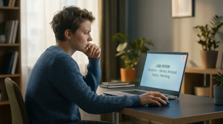 Jeune homme pensif devant son ordinateur portable affichant une offre d'emploi "Senior Analyst" et un signal d'alerte.