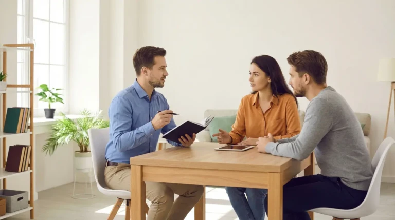 Un tuteur discute avec un couple de parents autour d'une table, le tuteur note, la mère parle, le père écoute. Atmosphère de consultation.