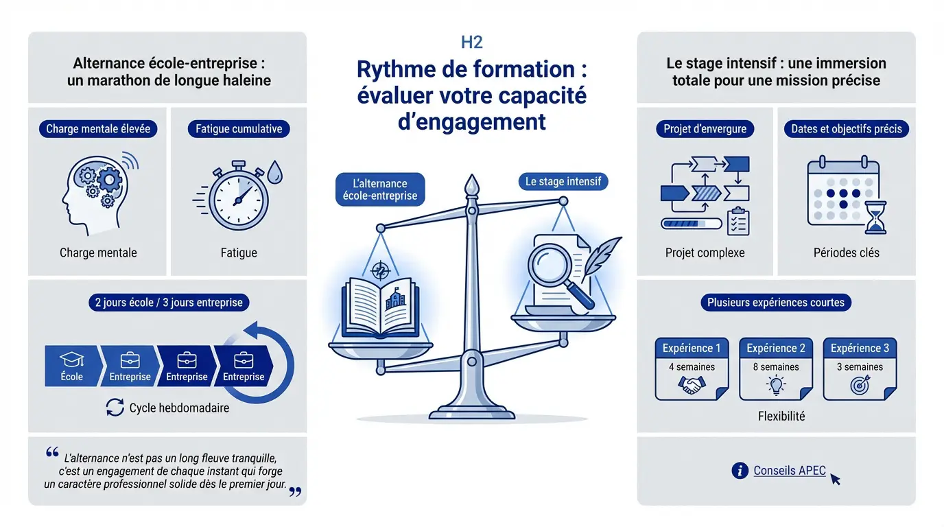 Comparaison des rythmes de travail entre un étudiant en alternance et un stagiaire en immersion