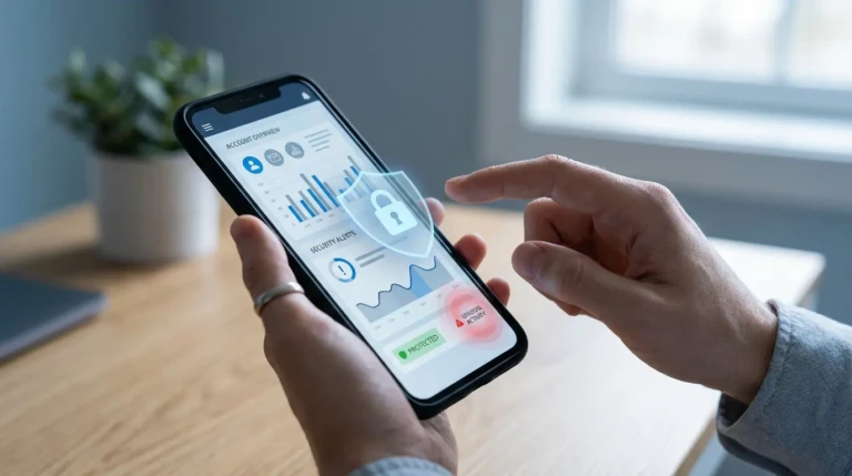 Main tenant un smartphone affichant un écran de sécurité avec un bouclier, un cadenas et une alerte d'activité inhabituelle. Protection numérique.