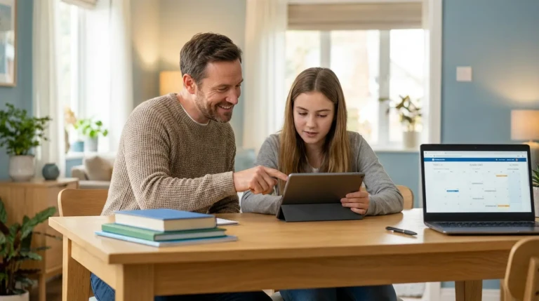 Un professeur particulier aide une élève avec une tablette, un calendrier de cours est visible sur un ordinateur.